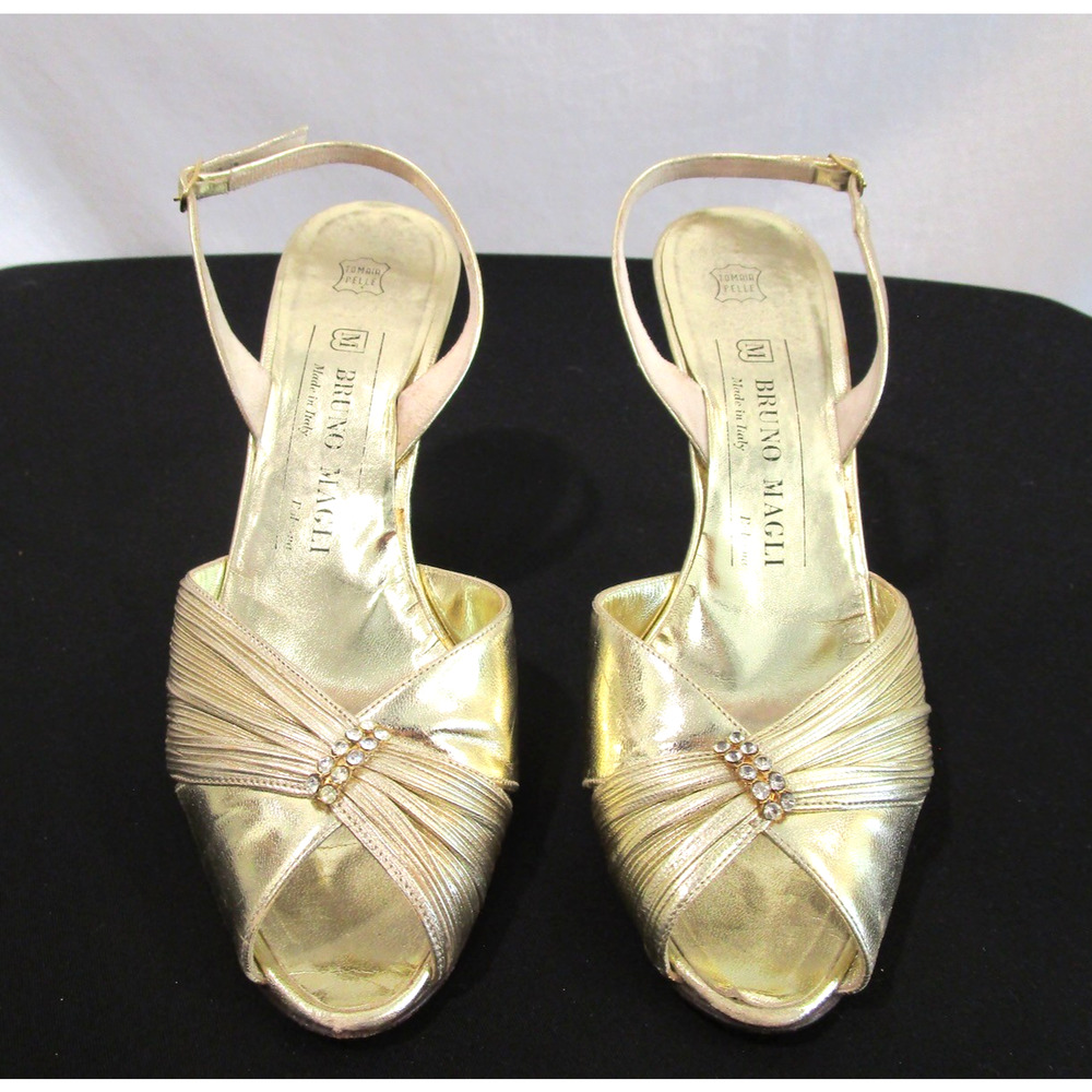 Vintage Bruno Magli Italy Gold Leather Rhinestone Slingback Heels, Women 6.5 B - Picture 2 of 11